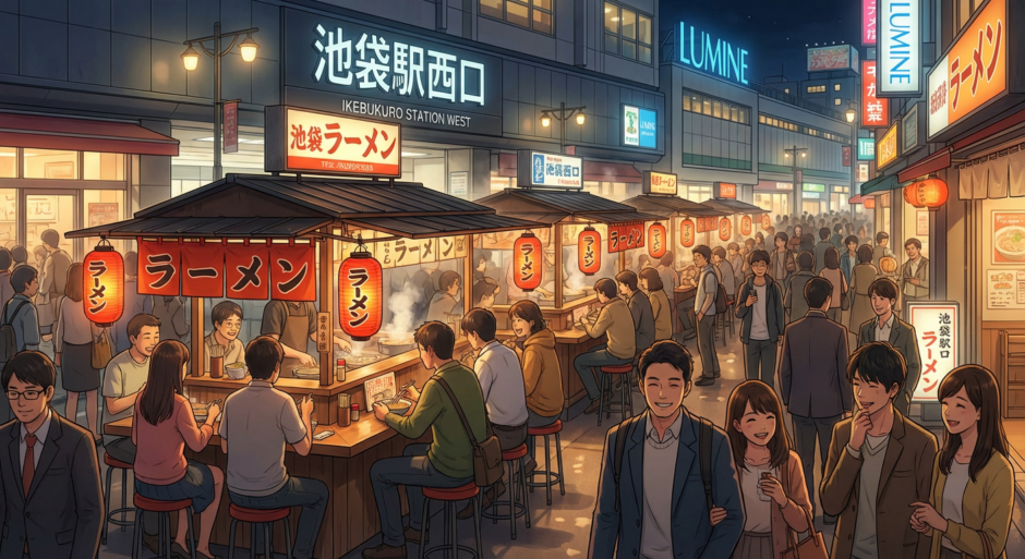 池袋駅西口付近の夜景とラーメン屋台が立ち並ぶ活気ある街並み、温かみのある照明、人通りの多い商店街、映画的でリアルな写真風イラスト